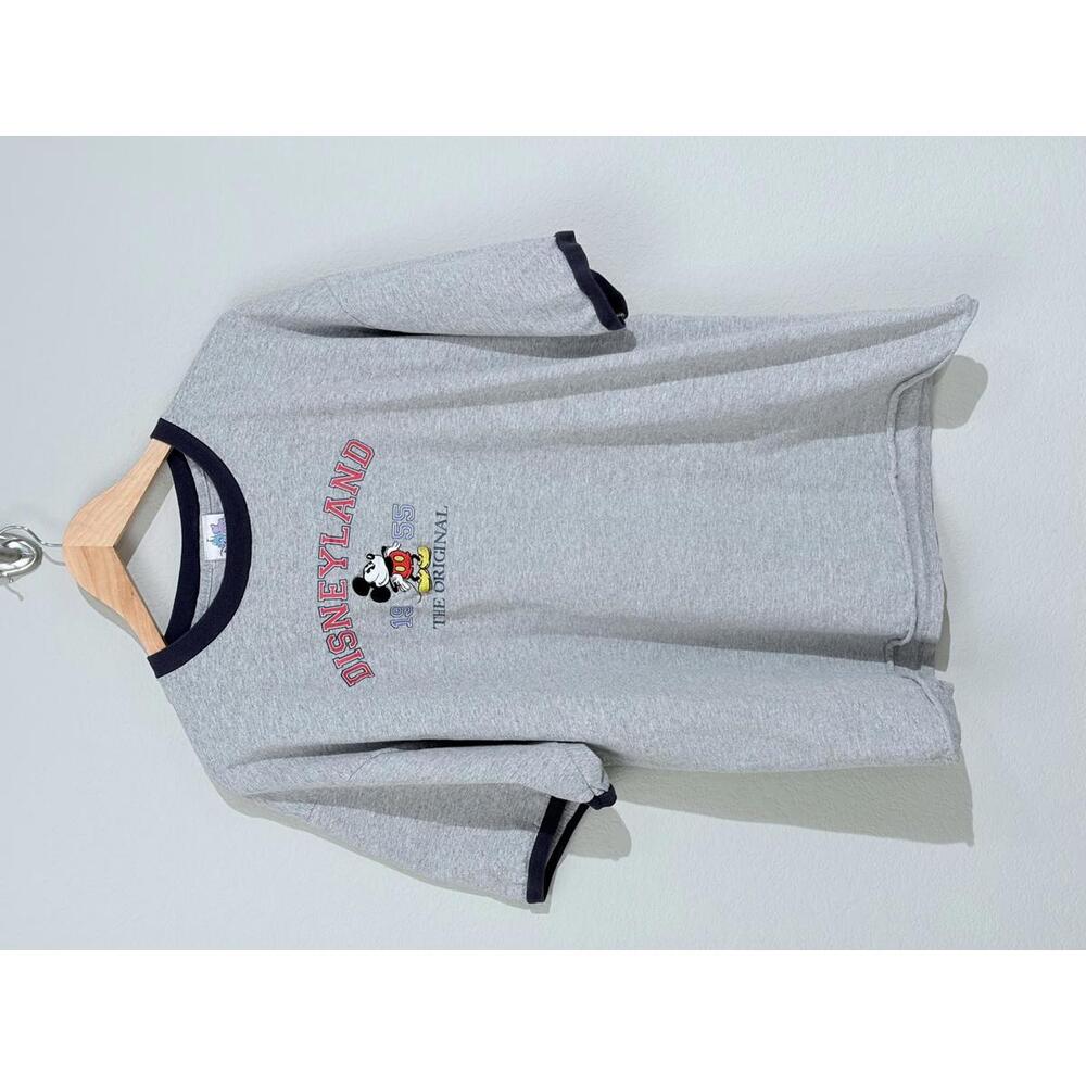 Vintage Disneyland Mickey Mouse Embroidered Ringer Tee Gray Retro Graphic TShirt